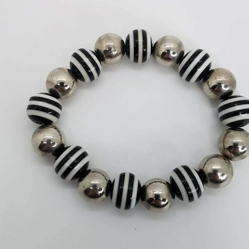 Chic Black‎ White Stripe Silver Tone Beaded Stretch Bracelet Fashion Jewelry